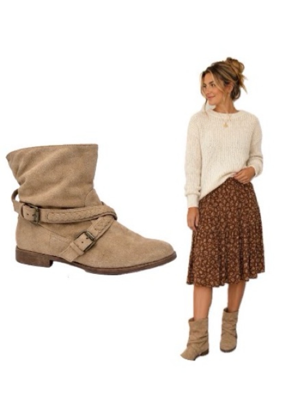 Callia, Faux Tan Suede Ankle Boots – Braided Strap Buckle – Size 7.5 – EUC